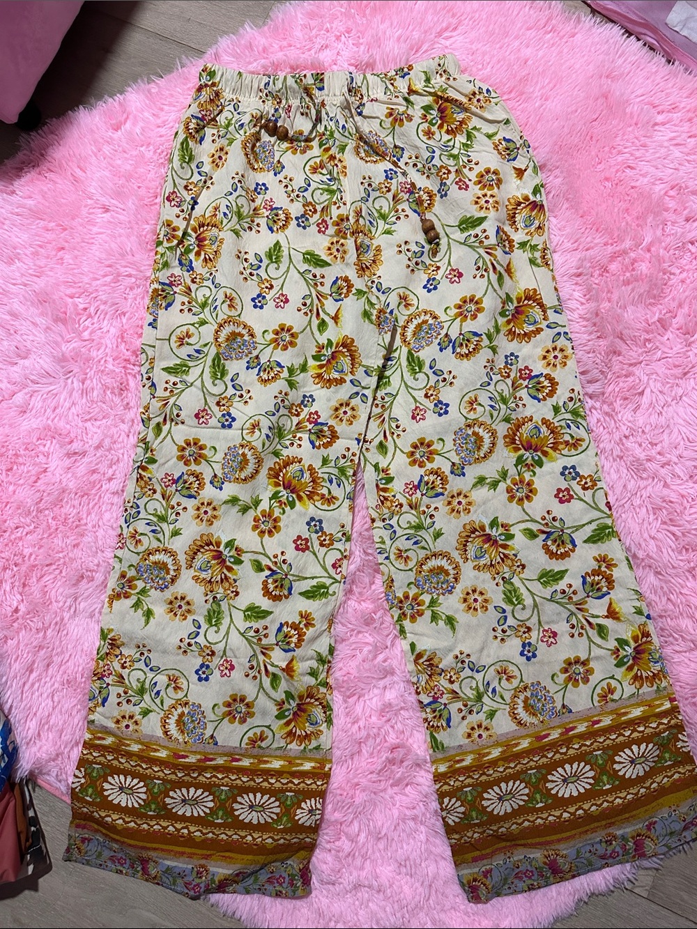 Forever 21 Cream Wide-Leg Floral Pants with Green & Mustard Print